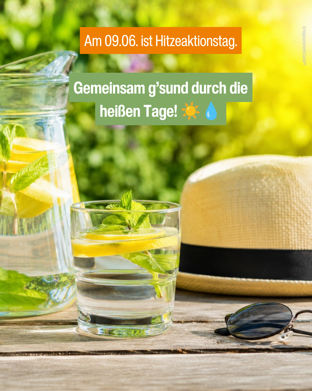 KI-Bild von einem Wasserkrug und einem Strohhut (Die richtige Ernährung und Flüssigkeitszufuhr bei extremer Hitze_Instagram-Posting)