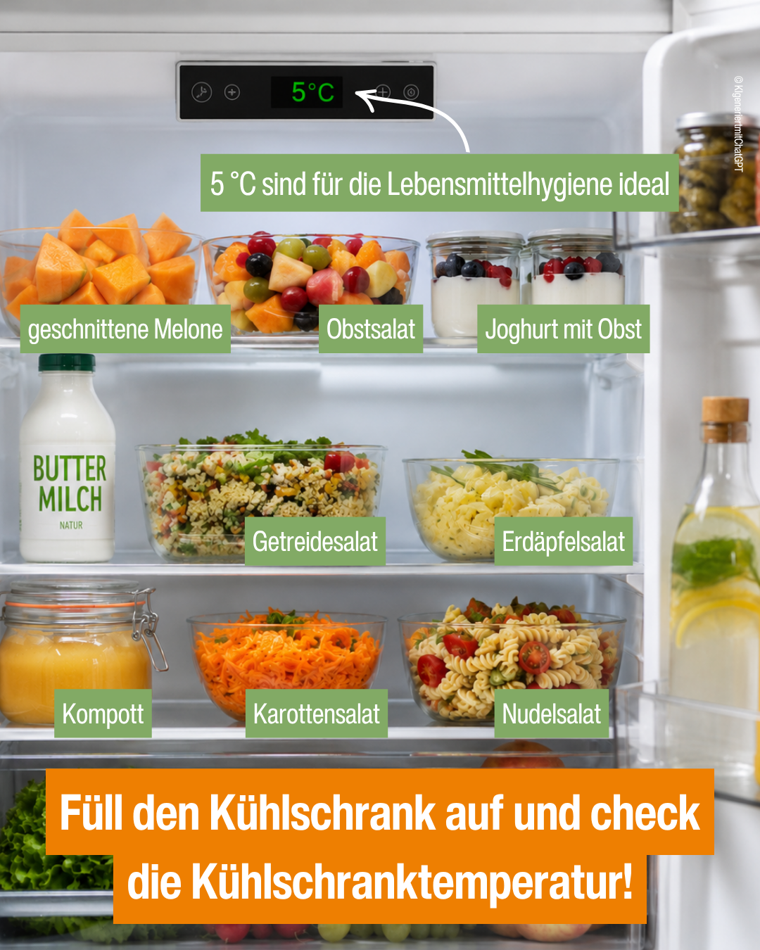 KI-Bild vom Inhalt eines Kühlschrankes (Die richtige Ernährung und Flüssigkeitszufuhr bei extremer Hitze_Instagram-Posting)