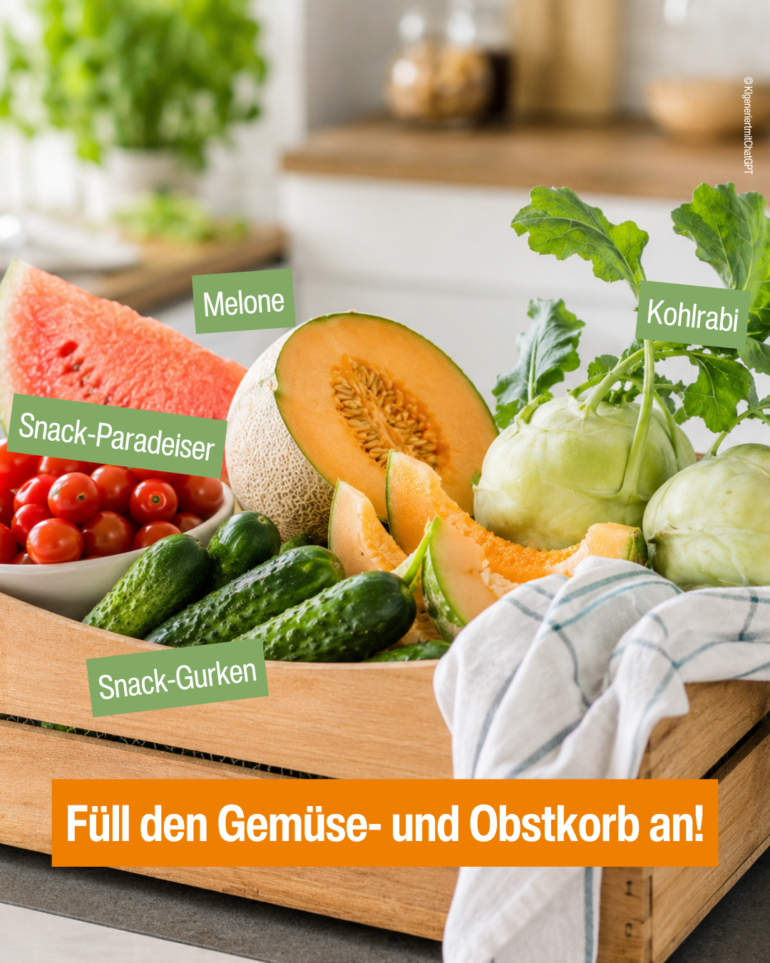 KI-Bild von einer Obst- und Gemüsekiste (Die richtige Ernährung und Flüssigkeitszufuhr bei extremer Hitze_Instagram-Posting)