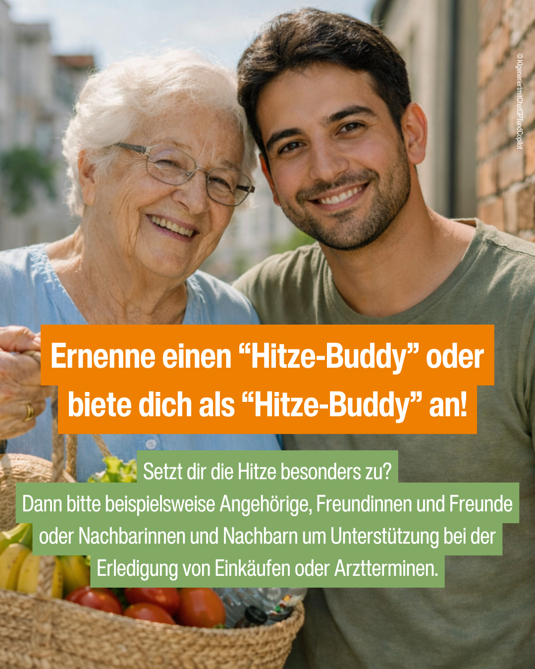 KI Bild von einer älteren Dame und einem jungen Mann der beim Einkauf unterstützt (Die richtige Ernährung und Flüssigkeitszufuhr bei extremer Hitze_Instagramposting)